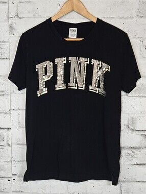 PINK Victoria's Secret Sequin Logo Tee Black Cotton Graphic Shirt